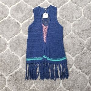 Blu Pepper Navy Crochet Fringe Cardigan Medium NEW